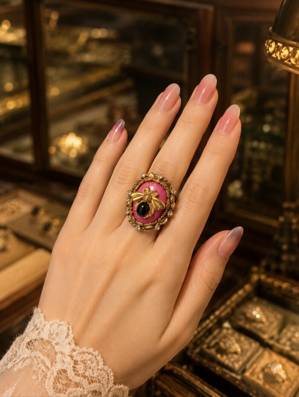 Vintage Pink Gold Bee Statement Ring